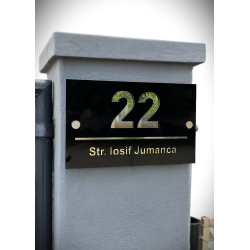 Placuta Numar Casa + Strada din Acrilic Negru & Oglinda – 250x155 mm, Silver /Gold Mirror, Personalizabila