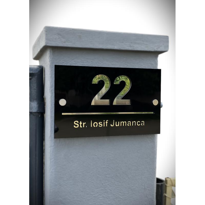 Placuta Numar Casa + Strada din Acrilic Negru & Oglinda – 250x155 mm, Silver /Gold Mirror, Personalizabila